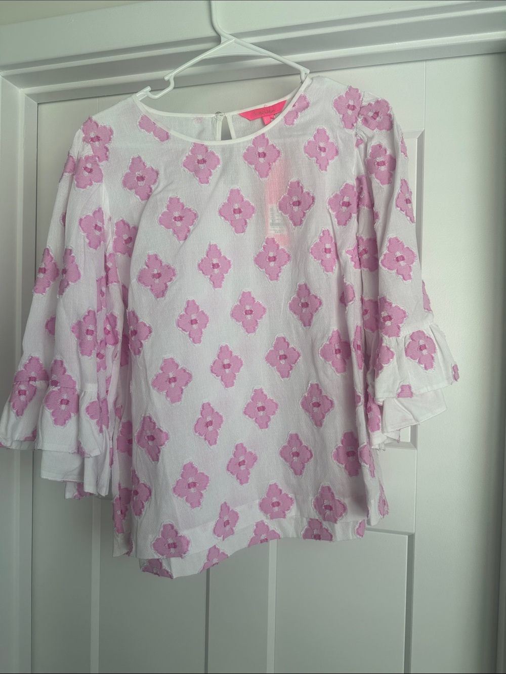 Lilly Pulitzer White Blouse with Pink Floral Embroidery